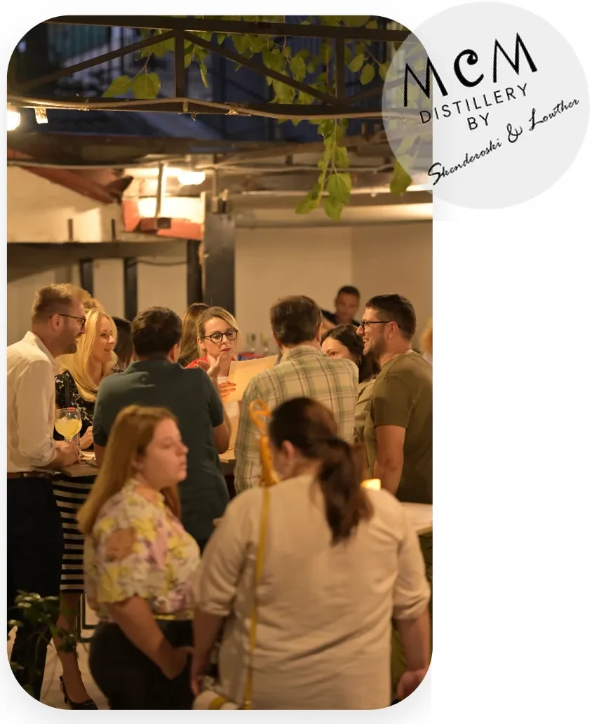 Guests gathered for a tasting at the MCM Distillery in Skopje